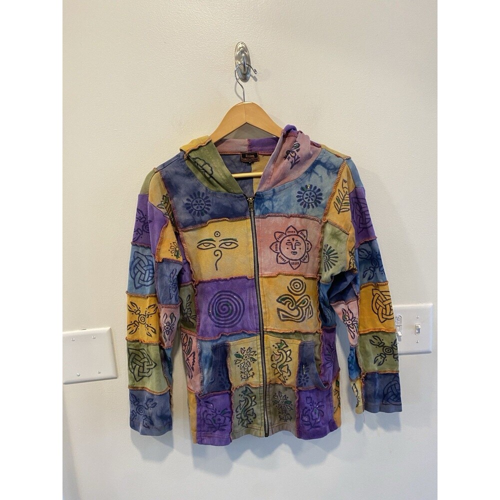 Vintage Y2K Rising International Patchwork Full Zip Hoodie Medium Whimsigoth